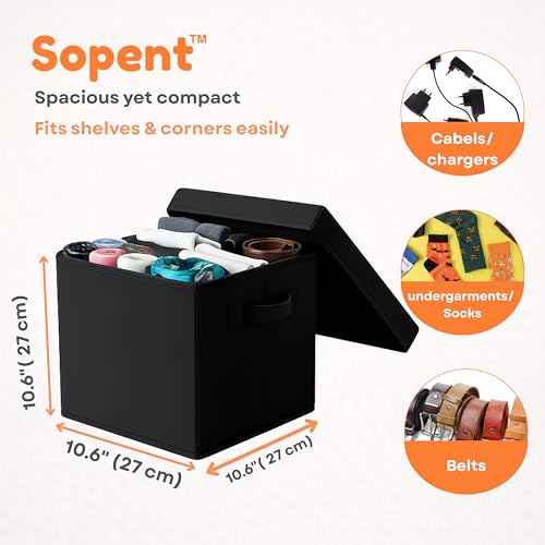 Image of Sopent Fabric Storage Box and Organiser with Lid (Plain Black, 10.6 inch Inch)