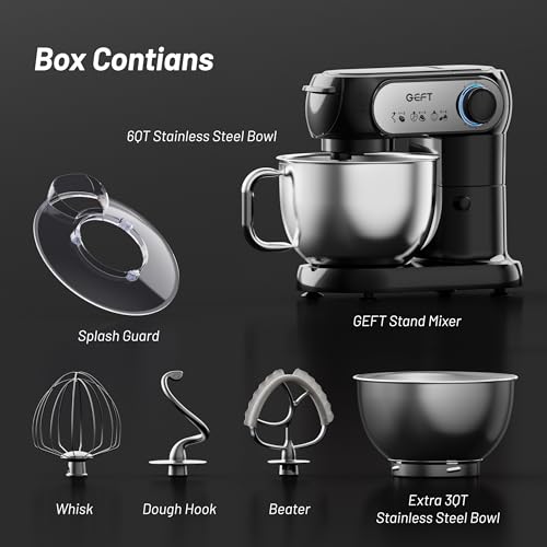 Image of Stand Mixer, 3.5QT+6QT Two Bowls Kitchen Electric Mixer, 600W 6+P speed Tilt-Head Food Mixer with Stainless Steel Bowl, Dishwasher-Safe Dough Hook, Flat Beater, Wire Whisk, Splash Guard, Black