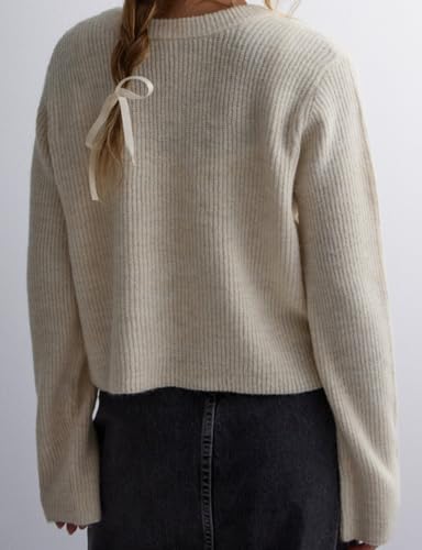 Women's Cropped Ribbed Knit Cardigan Long Sleeve Bow Tie Front Open Front Knitwear Tops3