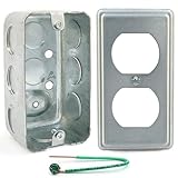 (Pack of Box and Cover) 4x2 Inch Utility Electrical Box, Outlet Box, Duplex Receptacle Cover, Drawn Construction, Ten 1/2 Inch Knockouts, Raised Ground, 1-7/8' Deep, 13 Cu. In. Capacity, Galvanized