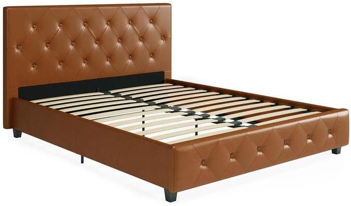 DHP Dakota Upholstered Platform Bed with Diamond Button Tufted Headboard and Footboard, No Box Spring Needed, Full, Camel Faux Leather