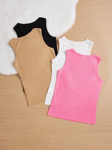 Milumia Girl's 4 Pack Solid Ribbed Knit Tank Tops Sleeveless Crew Neck Basic Undershirts2