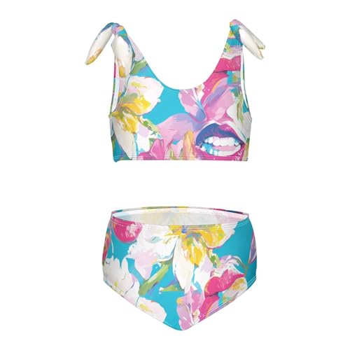 KLL Bright Floral Colorful Lips White Girl Two Piece Bikini Set Scoop Neck Swimsuits Swimwear Adjustable Strap