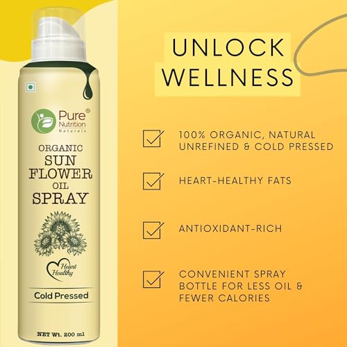 Image of Pure Nutrition Sunflower Oil Cooking Spray - 200ml | 100% Pure & Edible | Healthy Cooking with 10X Less Oil | Ideal for Baking, Grilling & Frying | High Smoke Point | Light, Even Spray for Low-Calorie Meals & Heart Health