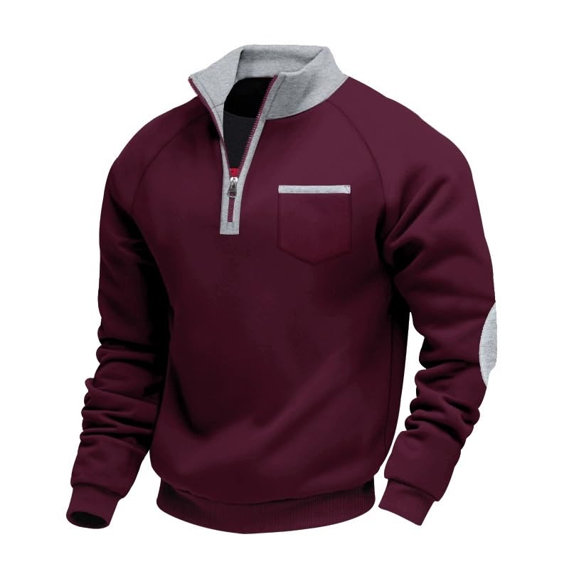 Aulemen Herren Sweatshirt Ohne Kapuze Half Zip Pullover Warm Sweatjacke | Arbeitspullover Herren mit Stehkragen,Flecee Warm,1/4 Reißverschluss,Brusttasche,Zweifarbiges,Ideale für Herbst-Winter Basic