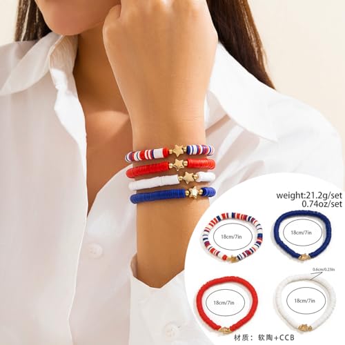4th of July Summer Beach Heishi Surfer Bracelets Set for Women America Patriotic Flag Clay Beaded Stretch Bracelet Red White Blue Star Stackable Charm Bangle Independence Day Gifts4