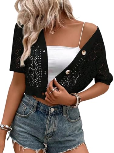 LANYO LILI Women's V Neck Short Sleeve Cardigans Sweaters Open Front Knit Crochet Button Shrugs Tops (US, Alpha, Large, Regular, Regular, Black)
