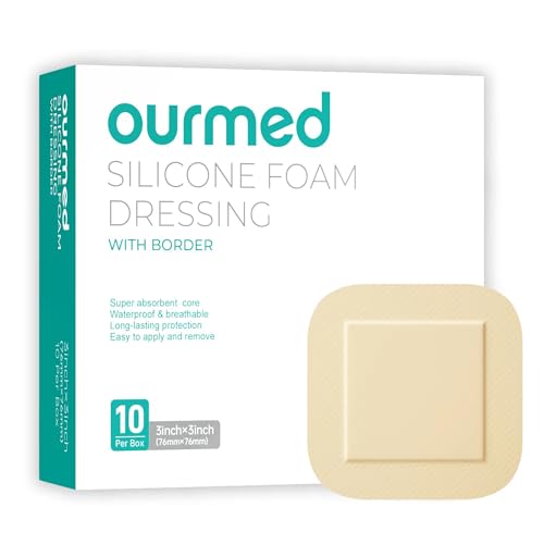 Ourmed Silicone Foam Dressing with Border Adhesive - Large Absorbent Waterproof Bandage for Wound Care Foot Diabetic Ulcer Leg Ulcer 3 x 3 10 Pack