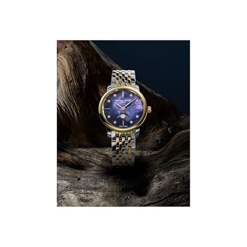 Frederique Constant Ladies Classic Slimline Moonphase Diamond Accent Two Tone Stainless Steel Watch, Blue Mother of Pearl Dial, Style: FC-206MPND1S3B4