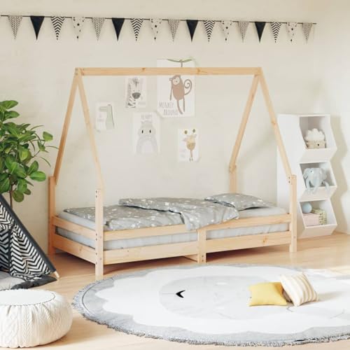 Gecheer Kinderbett 80x160 cm Massivholz Kiefer Kinderbett aus Naturholz Rausfallschutz für Babyzimmer Tagesmutter