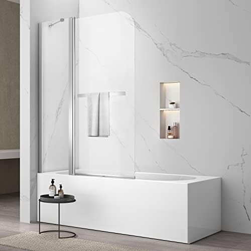 Sunrosa Pivot Tub Door 43-3/8"×58", Bifold Bathtub Shower Door with Tempered Glass, Frameless Glass Shower Door with Towel Bar, Shower Door for Bathtub in Chrome