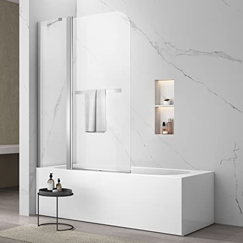 Sunrosa Pivot Tub Door 43-3/8"×58", Folding Bathtub Shower Door with Tempered Glass, Frameless Glass Shower Door with Towel Bar, Shower Door for Bathtub in Chrome Sunrosa Pivot Tub Door 43-3/8"×58", Folding Bathtub Shower Door with Tempered Glass, Frameless Glass Shower Door with Towel Bar, Shower Door for Bathtub in Chrome