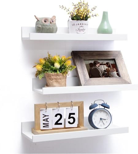 Image of Wooden Floating Wall Shelves Set of 3 for Living Room & Bedroom | Modern Wall Mounted Display Rack for Decor, Photo Frames, Plants & Storage (White, 16 Inch)