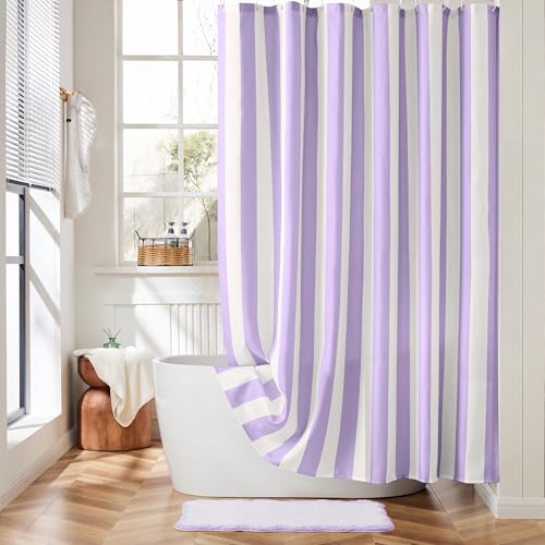 Ohocut Vertical Striped Shower Curtain, Cute Retro Vintage Lavender Stripe Bathroom Shower Curtain, Waterproof Polyester Fabric Modern Bath Curtain for Bathroom 72x72 Inches Purple and White