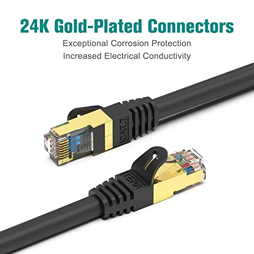 Tera Grand - Premium Cat7 Double Shielded 10 Gigabit 600Mhz Ethernet Patch Cable For Modem Router Lan Network, Gold Plated Shielded Rj45 Connectors, 3 Ft Black #TOP4