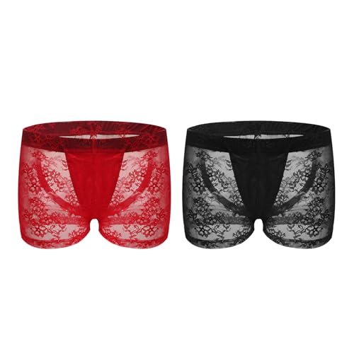 Faxianther 2 Pack Boxer Homme Sexy en Dentelle Strings sous-vêtement Éroqtique Caleçon Demi-Transparent Léger Respirant Noir et Rouge