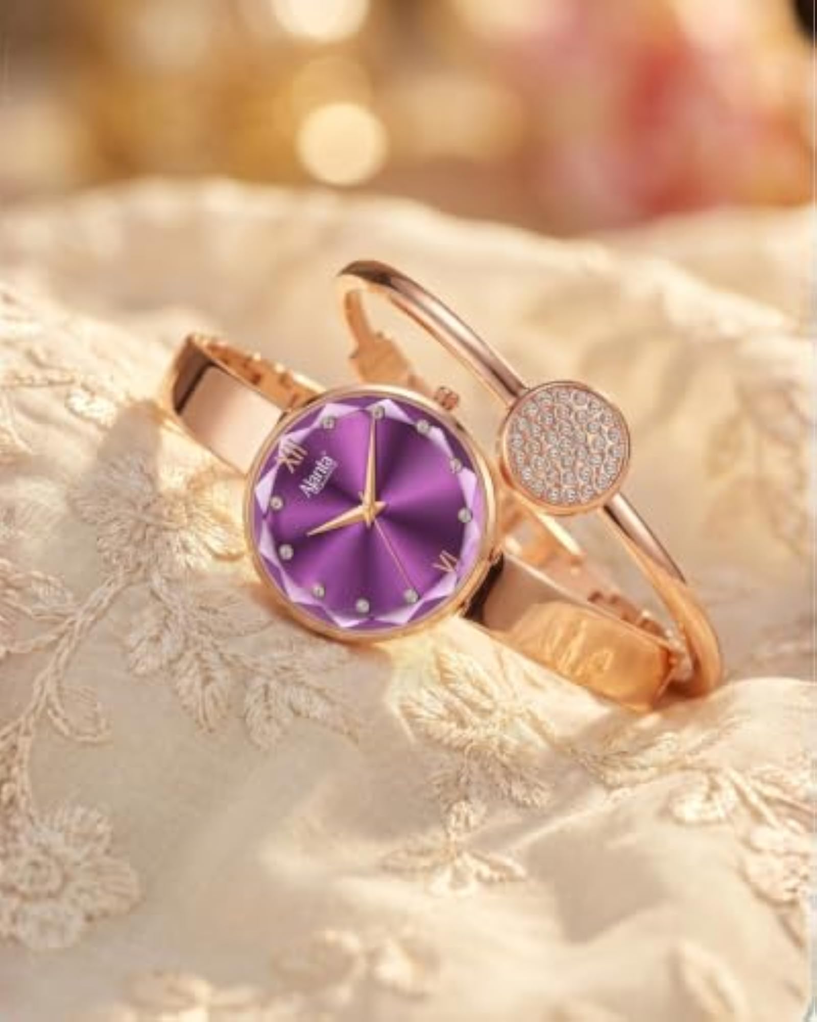 Women's Stylish Rose Gold Analog Watch with Diamond Bracelet