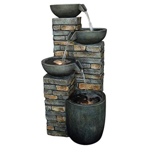 Dehner Gartenbrunnen Piatto mit LED Beleuchtung, ca. 89 x 43 x 46 cm, Polyresin, grau/braun Cover