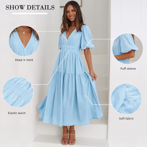 Image of 2025 Summer Deep V Neck Casual Dresses for Women Elegant Flowy Midi Dress Wedding Guest Dress