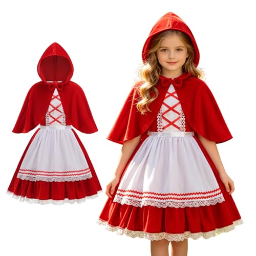 Colorful House Little Red Riding Hood Costume for Girls Kids Fancy Dress Up for Halloween ChristmasBow Tie Payment13-14years