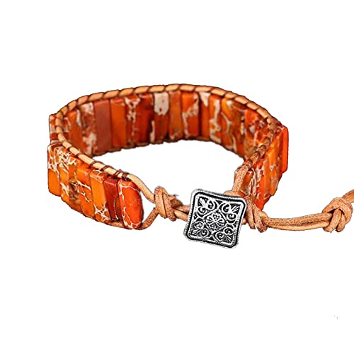 KunBead Orange Chakra Imperial Jasper Bracelets for Women Healing Crystal Natural Stone Bead Leather Wrap Handmade Yoga Reiki Adjustable Bracelets