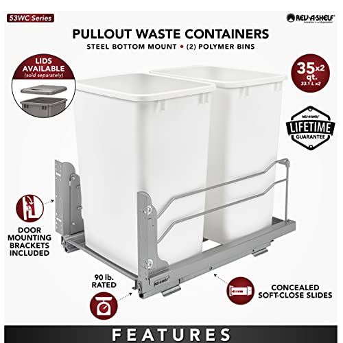 Rev-A-Shelf Double Trash Can Under Kitchen Cabinets Pullout, 35 Quart 8.75 Gallon with Soft-Close Slides, White, 53WC-1835SCDM-211
