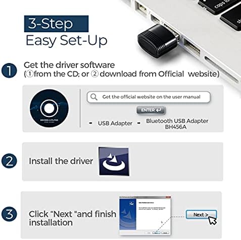 Bluetooth 5.0 USB Dongle, Bluetooth Adapter for PC Computer Desktop Laptop, Supports Windows 10/8.1/8/7, Low Latency Wireless Transfer for Mouse, Keyboard, Printers, Headsets, Speakers, BH456