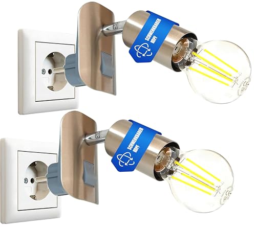 Trango 2er Pack 11-260 LED Steckerleuchte inkl. je 1x 8 Watt 3000K warmweiß E27 LED Leuchtmittel in Edelstahl-Optikt *ANNA* Leselampe, Küchenlampe, Nachtlicht, Wandlampe, Küchenlampe, Steckerlampe