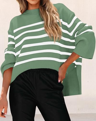 Image of KIRUNDO Women's Striped Knit Oversized Fall Sweaters 2026 Trendy Clothes Crewneck Winter Pullover Sweater Side Split