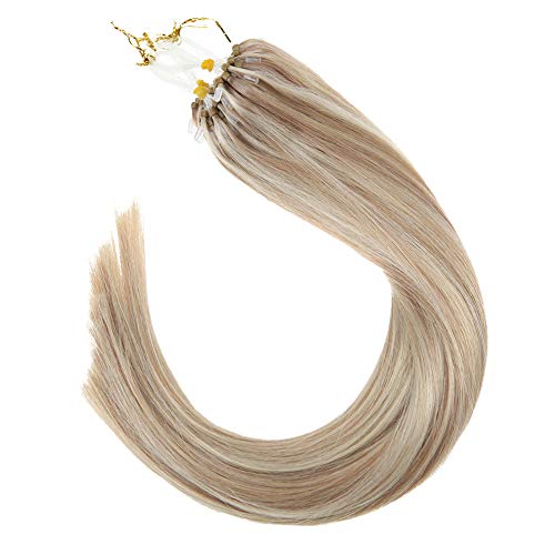Sunny 18inch Micro Ring Hair Extensions Human Hair Dark Ash Blonde Mixed Bleach Blonde #18/613 Highlight Remy Micro Loop Hair Extensions 1g/s 40g+10g for free,50g/pack in Total.