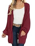 MEROKEETY Women's 2025 Fall Open Front Chunky Knit Sweater Oversized Lantern Sleeve Cardigan Outwear, Wine, Medium