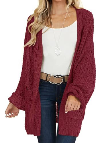 MEROKEETY Women's 2025 Fall Open Front Chunky Knit Sweater Oversized Lantern Sleeve Cardigan Outwear