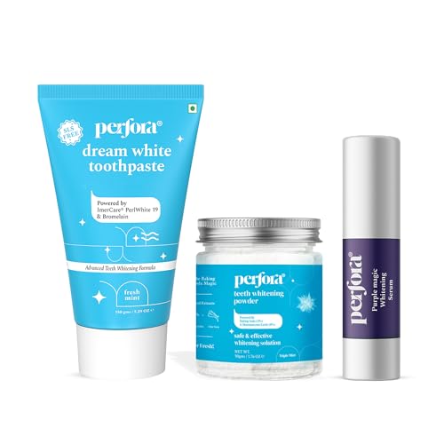Perfora Perfect White Combo | Purple Magic Whitening Serum,Teeth Whitening Powder & Dream White Toothpaste | v34 Colour Corrector for Teeth | Enamel Safe & Effective Teeth Whitener Solution |Pack Of 3