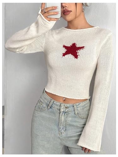 Image of SOLY HUX Women's Y2K Fairy Grunge Jumper Sweater Graphic Long Sleeve Pullover Vintage Knitted Crop Top Apricot Star Medium