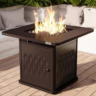 EAST OAK 32'' Propane Fire Pit Table, 50,000 BTU Steel Gas FirePit for Outdoor, Outside Patio Deck and Garden, CSA Certified Fire Table with Magnetic Lid, Cover-Storage Basket and Lava Rock , Brown