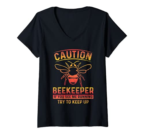 Womens Caution Bee Keeper Funny Apiary Bee Honey Graphic V-Neck T-Shirt
