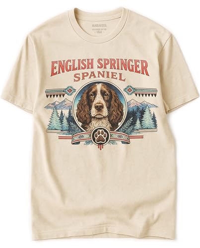 English Springer Spaniel Tshirt for Men & Women - Wilderness Artwork - 100% Natural, Raw, Undyed, Heavyweight Cotton