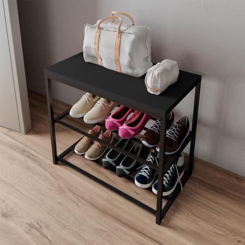 Sapateira Banco Industrial Para Hall/Closet/Quarto 2 Prateleiras em Chapa de Aço - LH Móveis (Preto)
