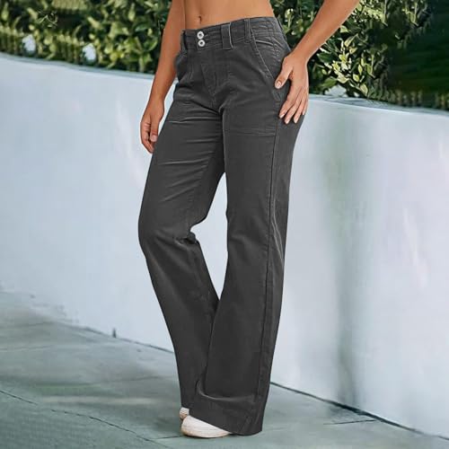 Twill Jeans for Women Straight Leg Button Low Rise Pull on Cargo Pants Baggy Casual Lightweight Flared Jeans w/Pocket2