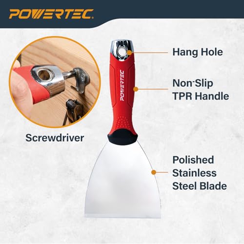 Image of POWERTEC 4-Inch Stainless Steel Drywall Joint Knife - Flexible Blade, Soft Grip, for Patching, Taping, Scraping (72172)