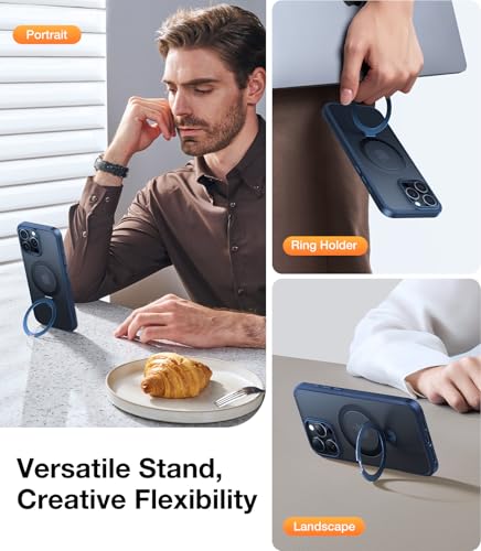 Image of TORRAS Ostand for iPhone 16 Pro Case Magnetic Stand, Navy Blue 6.3 inch | [Fit for MagSafe][Flexible Stable Stand] 4X Military-Grade Shockproof, Slim Protective Phone Cover, Translucent Navy Blue