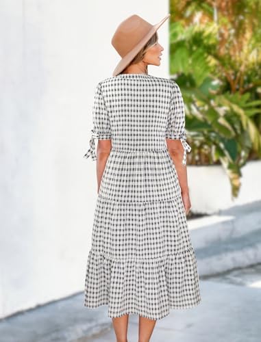 Image of Theenkoln Womens Casual Midi Dress: Short Sleeve V-Neck Empire Waist Gingham Spring Fashion Long Trendy Tiered Formal Dresses