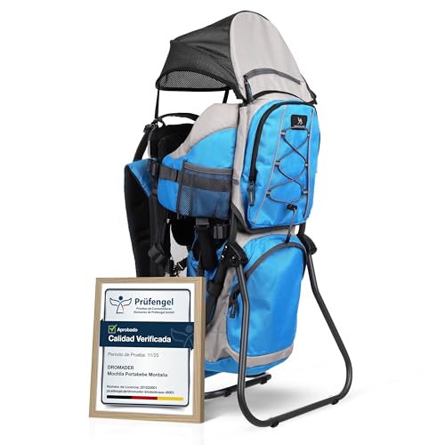 DROMADER Mochila Portabebe Montaña   Portabebes Senderismo hasta 22kg con Protector Solar, Protector de Lluvia, Bolsillo Térmico y Cambiador   Estructura Plegable con Una Mano – Azul