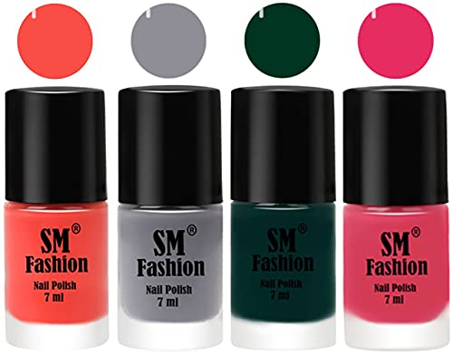 Image of Nail Polish Combo Set (Pack of 4) Quick Dry Gel Finish Nail Paint | Coral,Gray,Dark Green,Dark Rose Pink | 7 ml Each