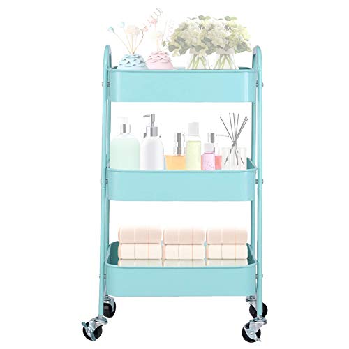 Carrito de cocina de malla de metal de 3 niveles con ruedas, versátil carrito de servicio rodante para cocina, carrito utilitario azul con estantes, elegante y funcional
