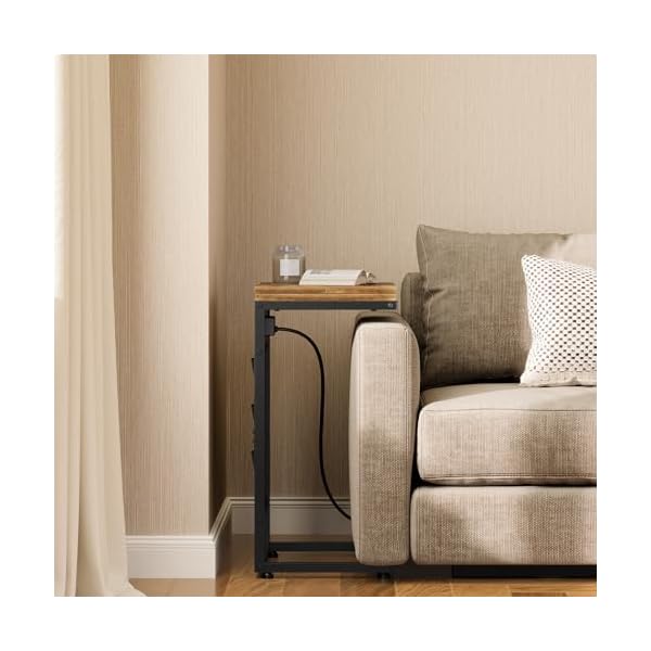 Foldable c shaped end table with charging station c shaped side table for couch c table sofa table with cloth bags for living room bedroom rustic brown sf01br  urban country home decor
