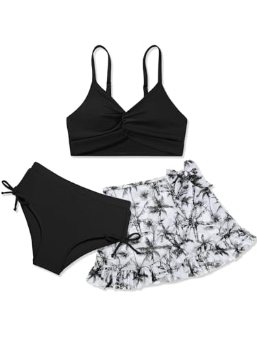 Image of ESHOO Girls Swimsuit V Neck Twist Cross Bikini Sets with Hawaiian Cover Up Skirt 3Pcs Bathing Suits Girls Swimwear 7-14T