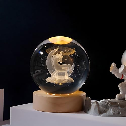 Image of 3D Crystal Ball Night Light with Wooden Base, Aesthetic Clear LED Lamp for Home and Bedroom Touch Switch, Warm Light for Kids and Teens Perfect Birthday & Anniversary (Unicorn)
