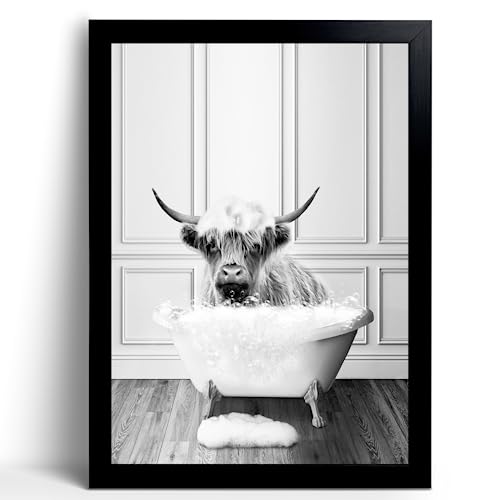 calmart Highland Cow Bathroom Pictures Wall Decor - Funny Black and White Art, Canvas Art Home for Bedroom Framed Ready to Hang