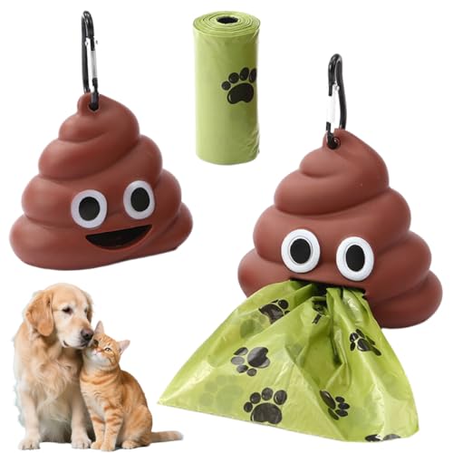 KEWUF 2 Piezas Dispensador de Bolsas de Silicona para Cacas de Perro con Mosquet贸n, y 2 Rollos de Bolsas para Cacas de Perro, con 2 Rollos de Bolsas de Basura (Forma de Caca)